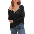 thumbnail image 1 of INSPIRE CHIC V Neck Sweater for Women's Long Sleeve Striped Pullover Soft Fall Casual Sweaters M Black, 1 of 6