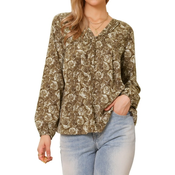 INSPIRE CHIC V Neck Top for Women's Floral Prints Button Decor Puff Sleeve Vintage Shirt S Light Brown