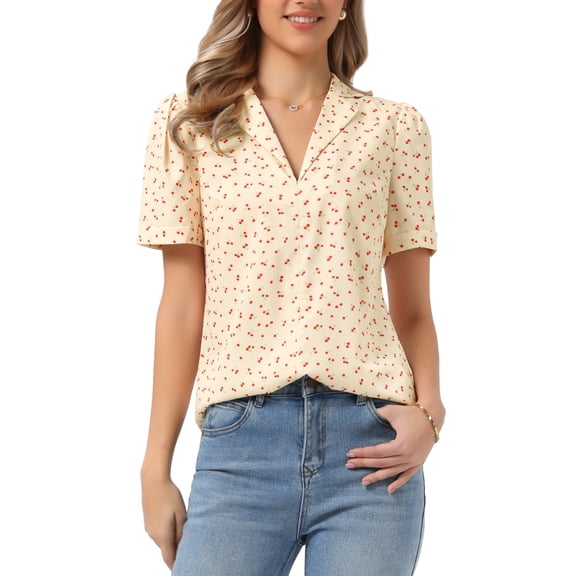 INSPIRE CHIC V Neck Tops for Women's Elegant Casual Cherry Print Notch Lapel Summer Short Sleeve Blouse L Apricot