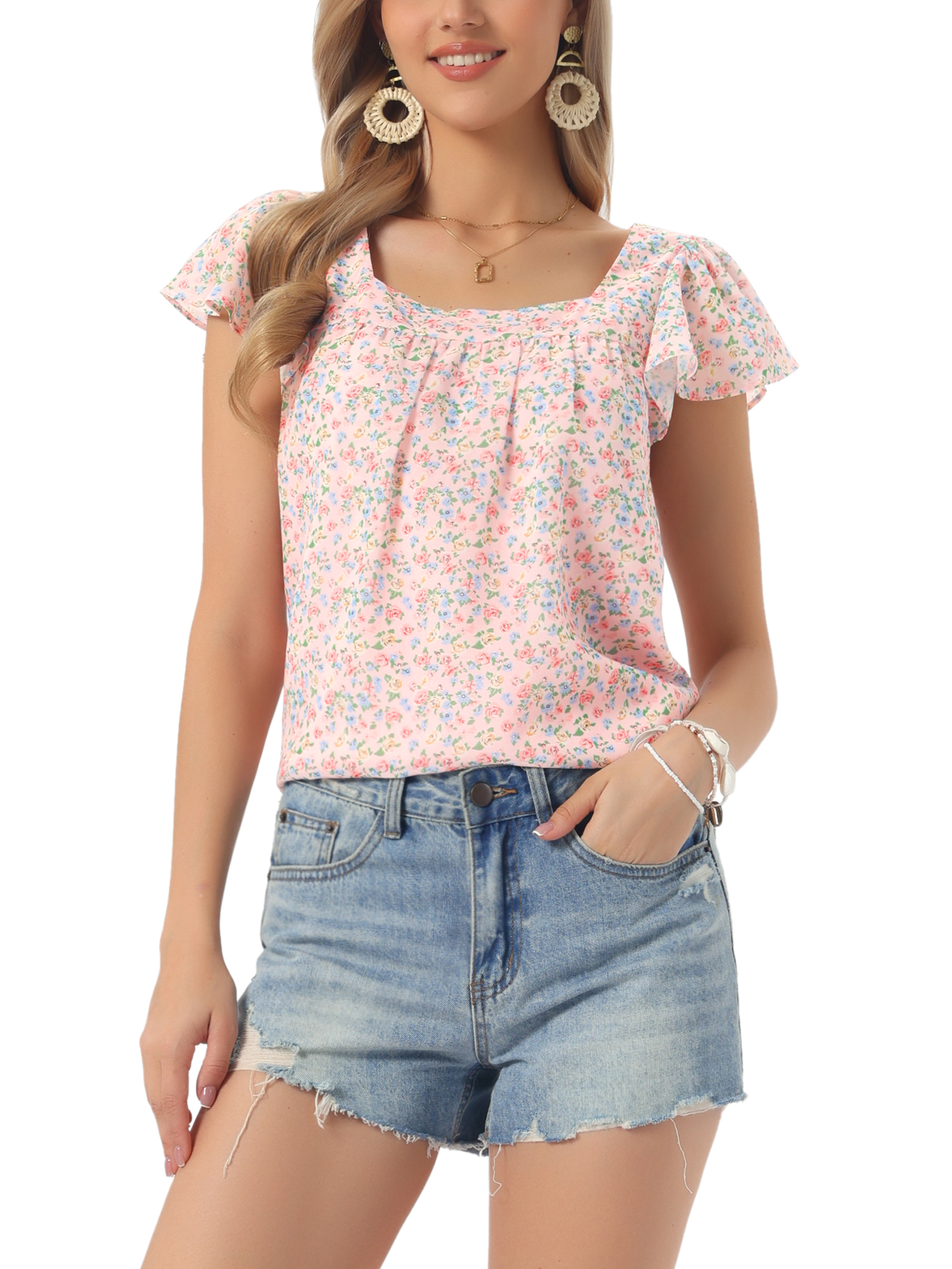 INSPIRE CHIC Women's Floral Blouse Summer Casual Square Neck Chiffon Short Sleeve Ruffle Shirts S Pale Pink