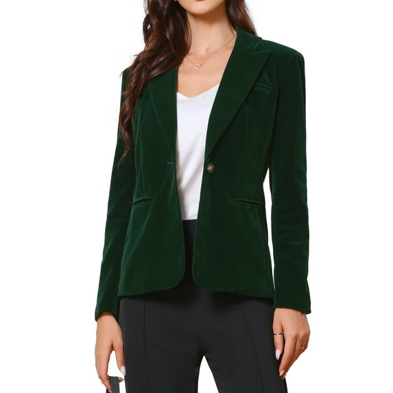 INSPIRE CHIC Velvet Blazer for Women Long Sleeve Notch Lapel Button Vintage Work Office Blazers with Pockets XL Dark Green