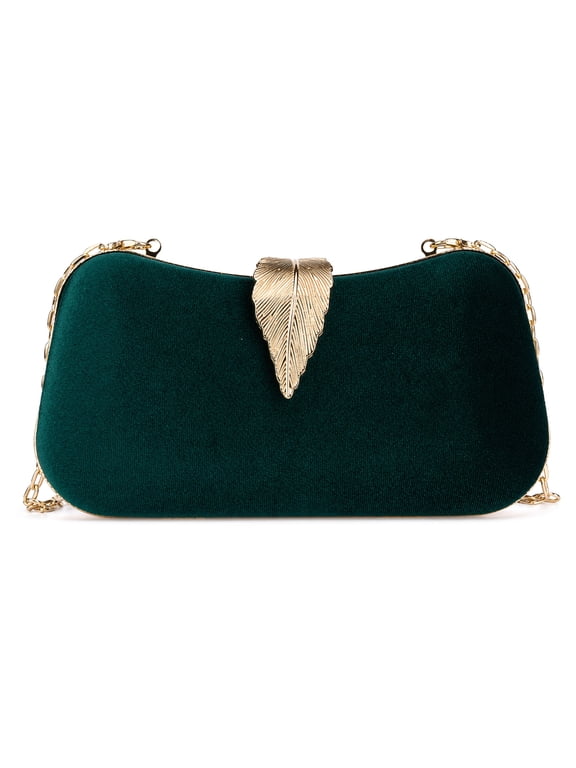 Velvet Evening Clutch Purse for Women Hard Shell Handbag with Removable Chain Strap Green
