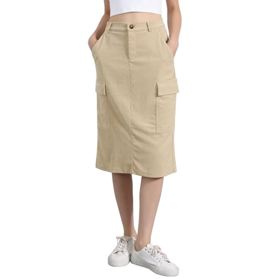 INSPIRE CHIC Women's Skirt High Waist Elastic Back Corduroy Midi Skirts M Khaki