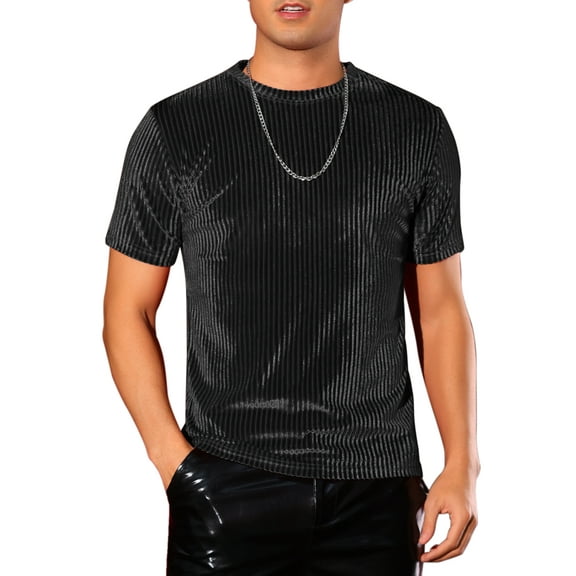 INSPIRE CHIC Velvet T-Shirts for Men's Crew Neck Short Sleeve Tee Tops Disco Velour t Shirts L Black