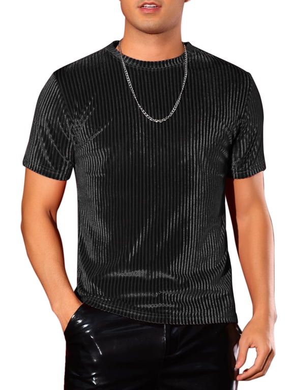 Velvet T-Shirts for Men's Crew Neck Short Sleeve Tee Tops Disco Velour t Shirts M Black