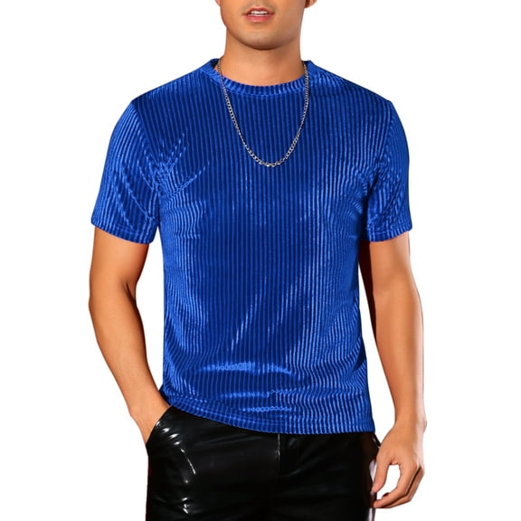 INSPIRE CHIC Velvet T-Shirts for Men's Crew Neck Short Sleeve Tee Tops Disco Velour t Shirts M Royal Blue