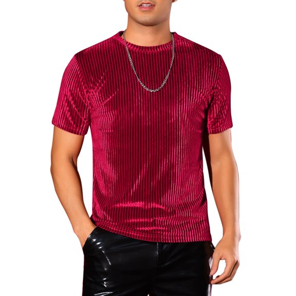 INSPIRE CHIC Velvet T-Shirts for Men's Crew Neck Short Sleeve Tee Tops Disco Velour t Shirts S Red