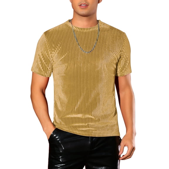 INSPIRE CHIC Velvet T-Shirts for Men's Crew Neck Short Sleeve Tee Tops Disco Velour t Shirts XL Golden