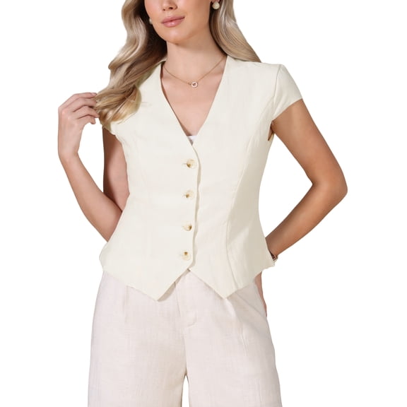 INSPIRE CHIC Vest for Women Summer Tops Button Down Cap Sleeve Business Casual Dressy Clothes M Beige