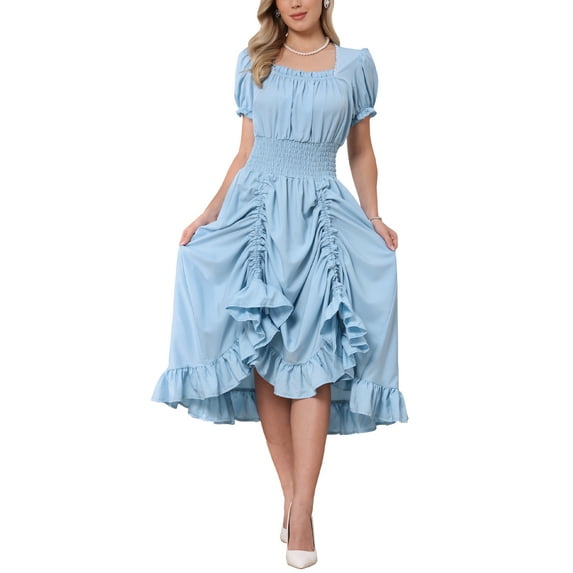 INSPIRE CHIC Victorian Dress for Women Renaissance Costume Smocked Waist Ruffle Midi Dress M Light Blue