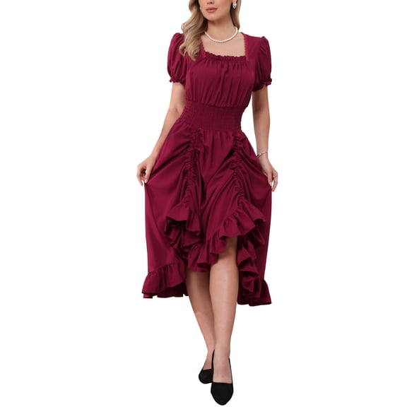 INSPIRE CHIC Victorian Dress for Women Renaissance Costume Smocked Waist Ruffle Midi Dress XL Burgundy