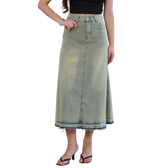INSPIRE CHIC Vintage Denim Maxi Skirt for Women's High Waist Wash Frayed Hem A Line Long Jean Skirt XS Faded Blue