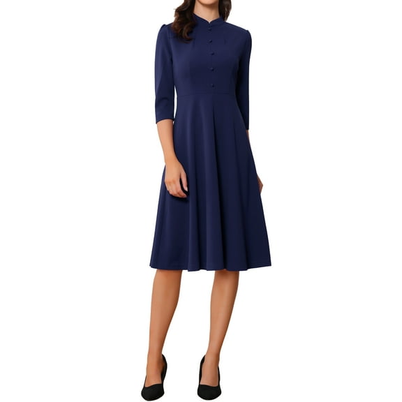 INSPIRE CHIC Women's Vintage Dress 3/4 Sleeves Stand Collar Office A-Line Dress M Deep Blue