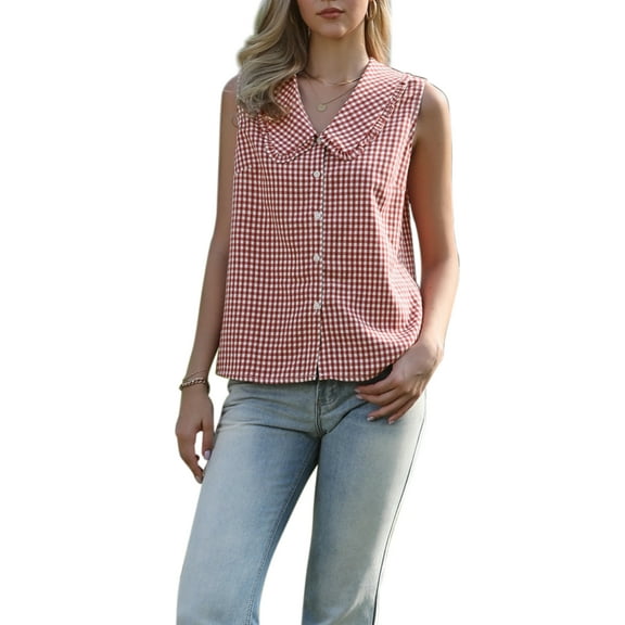 INSPIRE CHIC Vintage Gingham Blouse for Women's Ruffle Peter Pan Collar Sleeveless Button Down Shirt XS Red