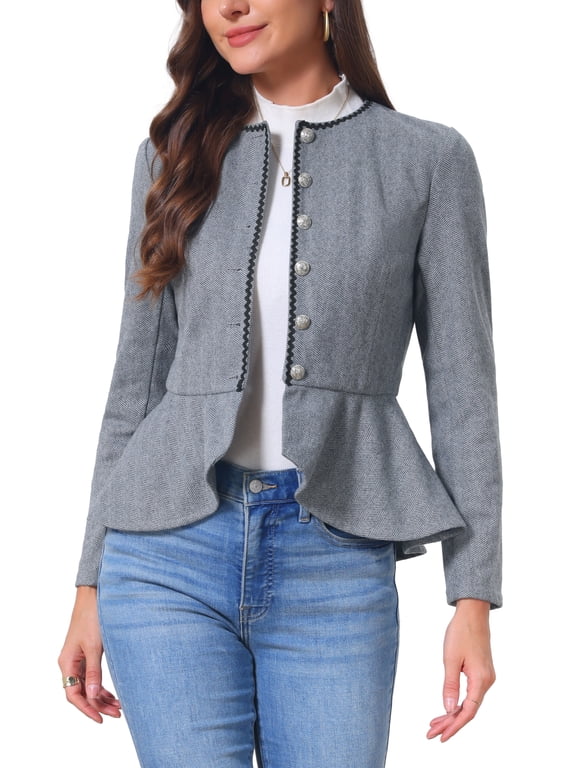 Vintage Jacket for Women Crew Neck Herringbone Long Sleeve Button Down Ruffled Hem Business Casual Jackets M Black Grey