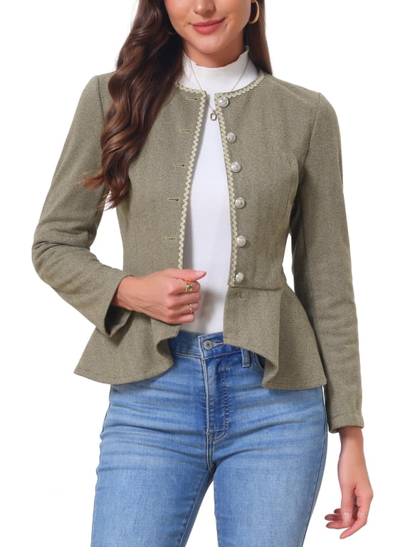 Vintage Jacket for Women Crew Neck Herringbone Long Sleeve Button Down Ruffled Hem Business Casual Jackets M Brown Khaki