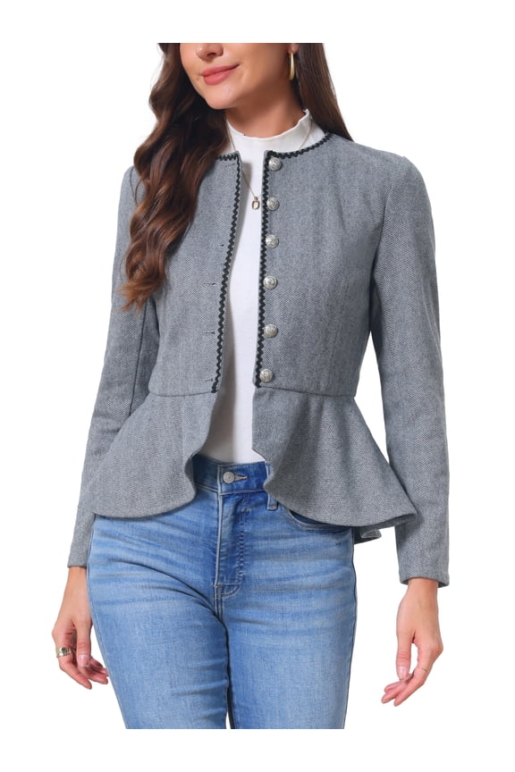 Vintage Jacket for Women Crew Neck Herringbone Long Sleeve Button Down Ruffled Hem Business Casual Jackets S Black Grey