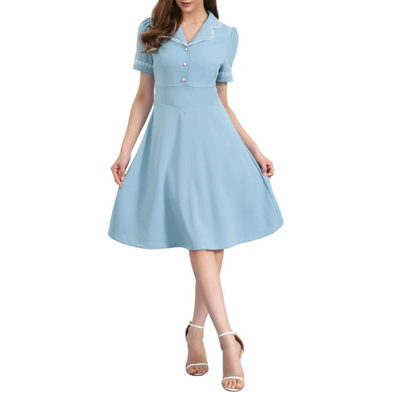 INSPIRE CHIC Vintage Midi Dress for Women's 2024 Work Peter Pan Collar Dresses M Dusty Blue