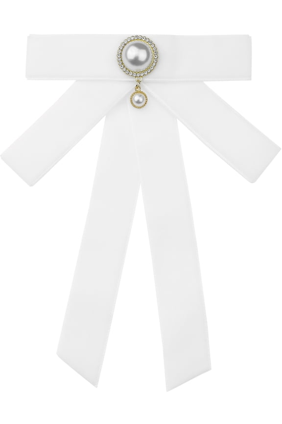 Vintage Pearl Ribbon Bow Brooch Pin for Women Velvet Pre-tied Collar Clip Brooches Lapel Pins Suit Dress One Size White