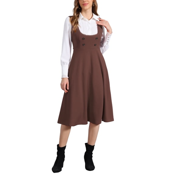 INSPIRE CHIC Vintage Pinafore Dress for Women's Lace Trim Button Overalls Midi Dress with Pockets S Brown