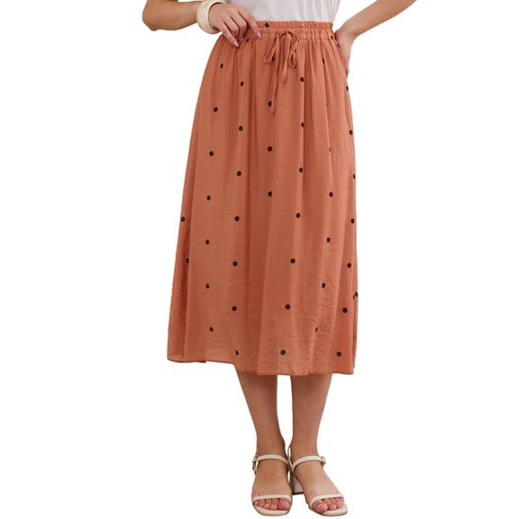 INSPIRE CHIC Vintage Polka Dots Skirt for Women's Casual Pleated A-Line Elastic Waist Midi Skirts L Burnt Orange