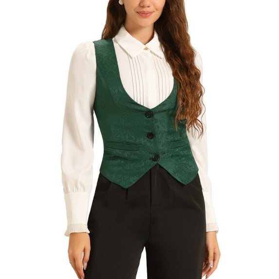 INSPIRE CHIC Vintage Vest for Women's Button Up Jacquard Steampunk Suit Waistcoat with Pockets M Dark Green