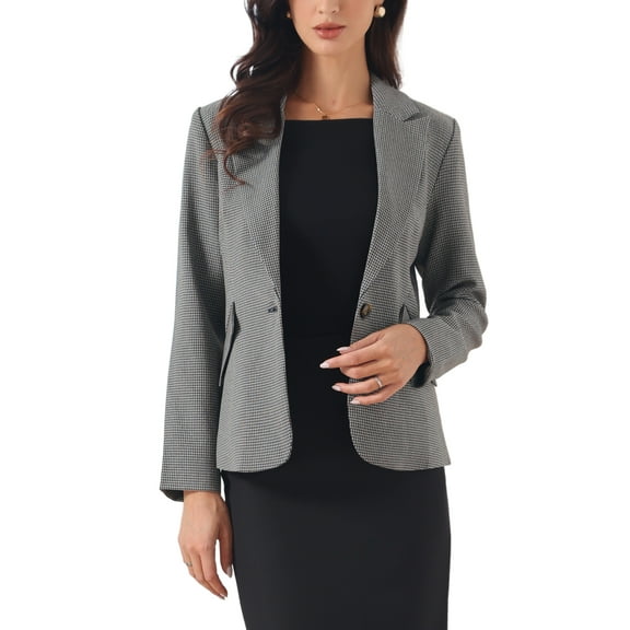 INSPIRE CHIC Vintage Work Blazer for Women's Houndstooth Notched Lapel One Button Office Suit Jacket L Navy Blue