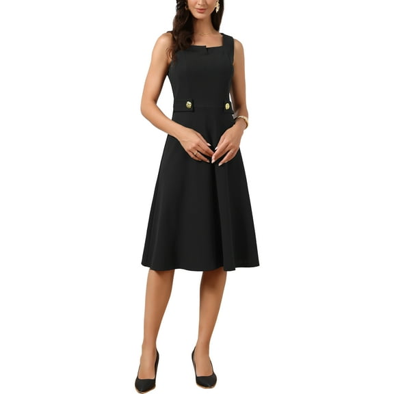 INSPIRE CHIC Vintage Work Dress for Women A-Line Square Neck Sleeveless Office Formal Evening Midi Dresses L Black