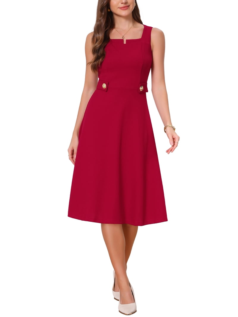 INSPIRE CHIC Vintage Work Dress for Women A-Line Square Neck Sleeveless Office Formal Evening Midi Dresses L Dark Red