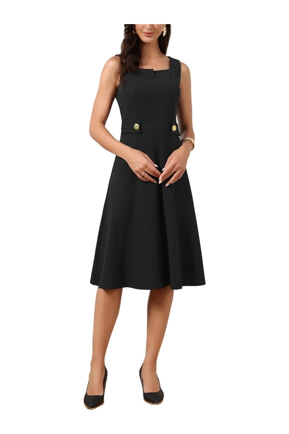 Vintage Work Dress for Women A-Line Square Neck Sleeveless Office Formal Evening Midi Dresses M Black