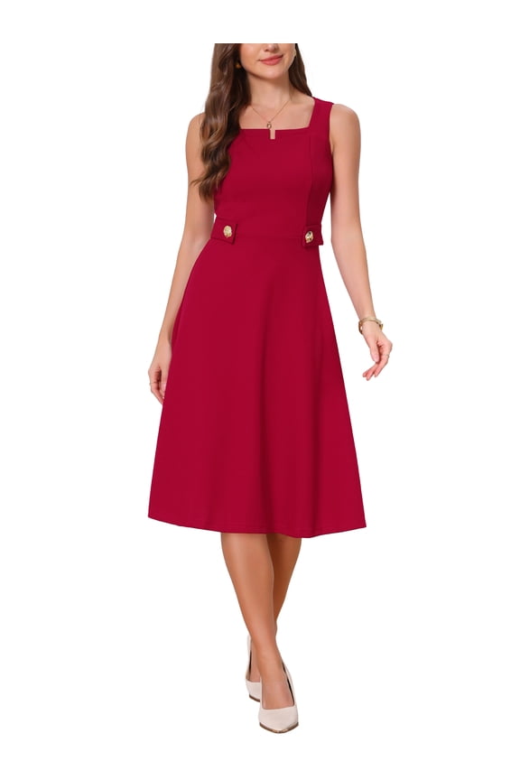 Vintage Work Dress for Women A-Line Square Neck Sleeveless Office Formal Evening Midi Dresses M Dark Red