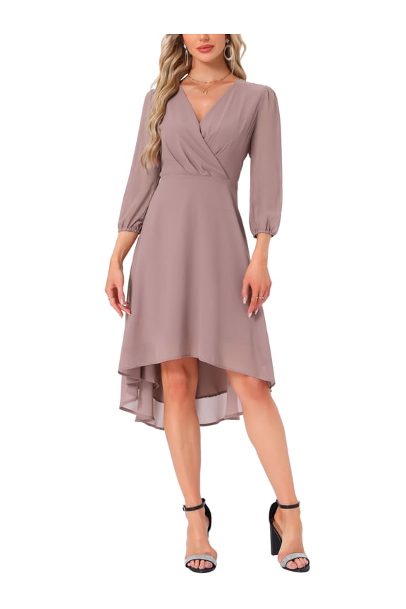 Women's V Neck 3/4 Sleeves High Low Chiffon Midi Dress 2XL Grey Pink