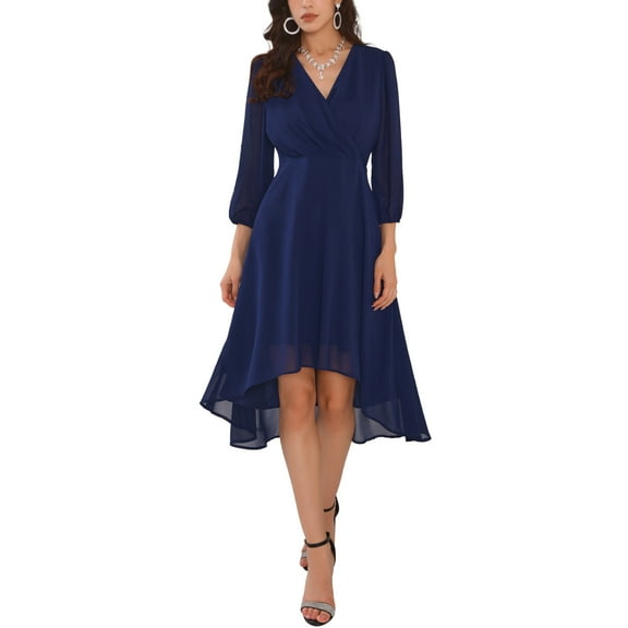 INSPIRE CHIC Women's V Neck 3/4 Sleeves High Low Chiffon Midi Dress L Navy Blue