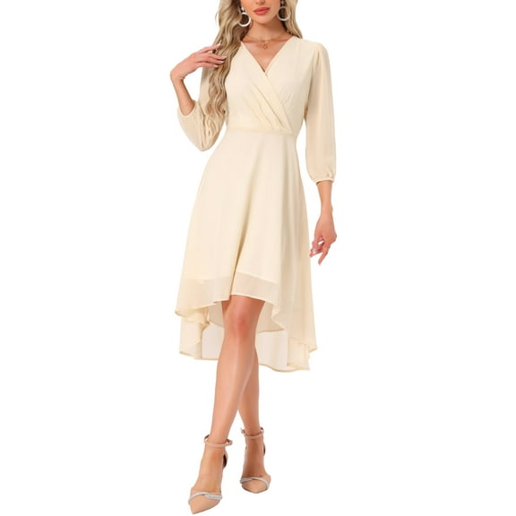 INSPIRE CHIC Women's V Neck 3/4 Sleeves High Low Chiffon Midi Dress M Beige
