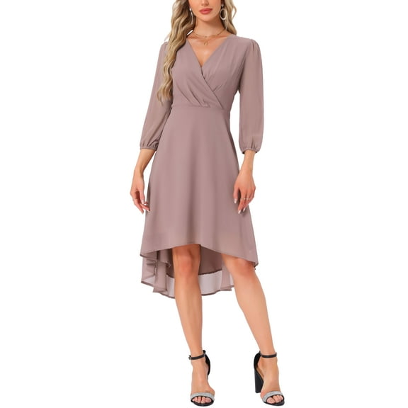 INSPIRE CHIC Women's V Neck 3/4 Sleeves High Low Chiffon Midi Dress M Grey Pink