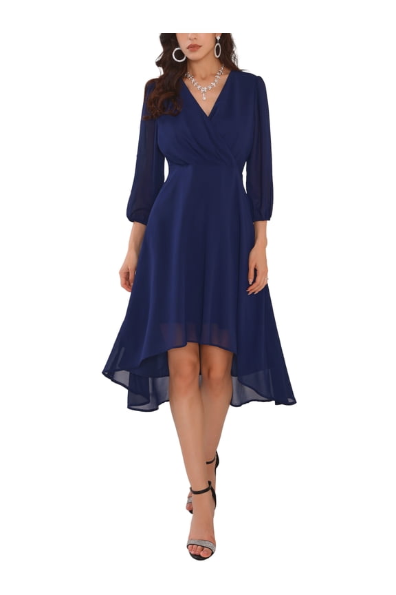 Women's V Neck 3/4 Sleeves High Low Chiffon Midi Dress M Navy Blue