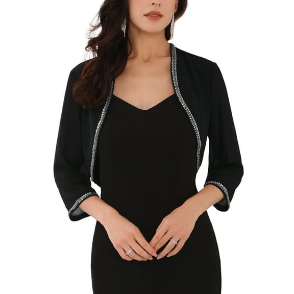 INSPIRE CHIC Women's Evening Shurg Sequin Beaded Open Front Cocktail Formal Bolero L Black