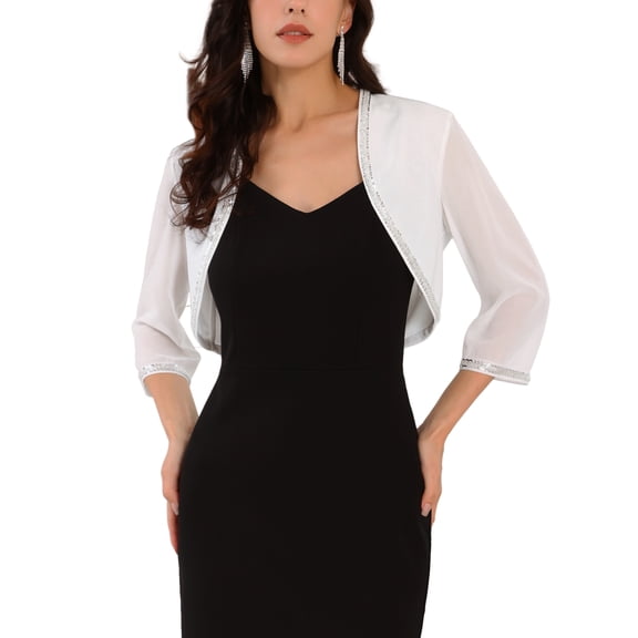 INSPIRE CHIC Women's Evening Shrug Sequin Trim 3/4 Sleeve Open Front Cropped Chiffon Cardigan White L