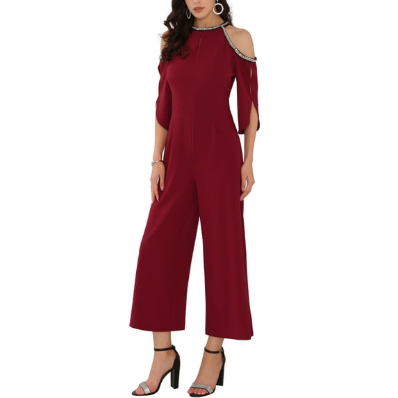 INSPIRE CHIC WOMLAYOUT Women's Halter Jumpsuits Sequin Cold Shoulder Split Sleeve Party Cocktail Wide Leg Jumpsuits 2XL Wine Red