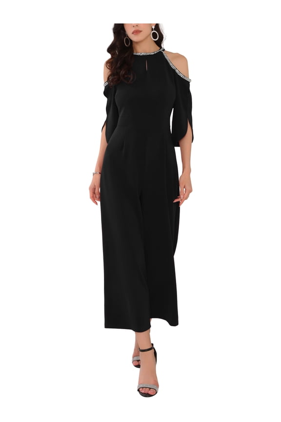 WOMLAYOUT Women's Halter Jumpsuits Sequin Cold Shoulder Split Sleeve Party Cocktail Wide Leg Jumpsuits L Black