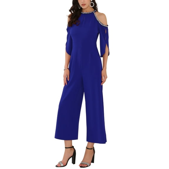 INSPIRE CHIC WOMLAYOUT Women's Halter Jumpsuits Sequin Cold Shoulder Split Sleeve Party Cocktail Wide Leg Jumpsuits M Dark Blue