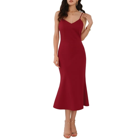 INSPIRE CHIC WOMLAYOUT Women's Sleeveless Bodycon Dresses Spaghetti Strap Ruffled Cocktail Party Midi Dress M Wine Red