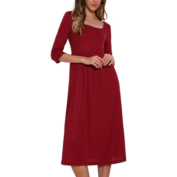 INSPIRE CHIC Waffle Knit Dress for Women 3/4 Sleeves Square Neck Midi Dress S Dark Red