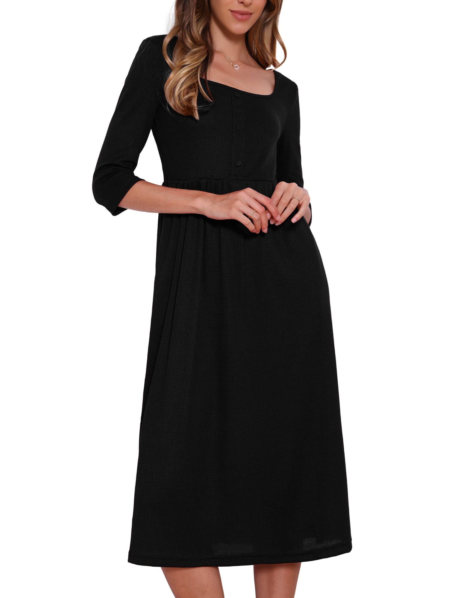 Inspire Chic Waffle Knit Dress for Women 3/4 Sleeves Square Neck Midi Dress XL Black