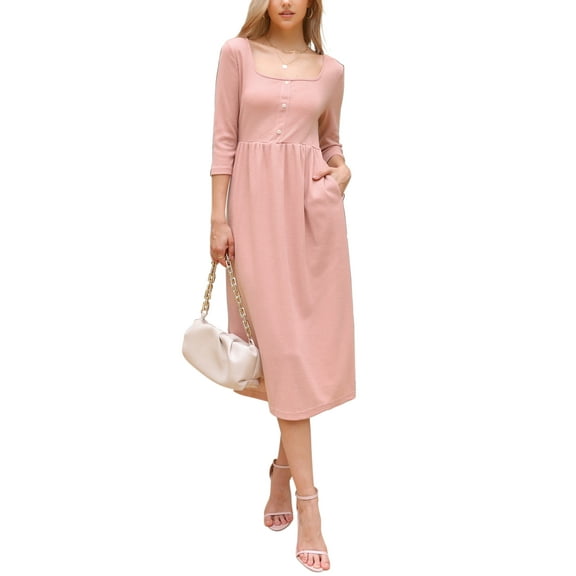 INSPIRE CHIC Waffle Knit Dress for Women 3/4 Sleeves Square Neck Midi Dress XS Pink