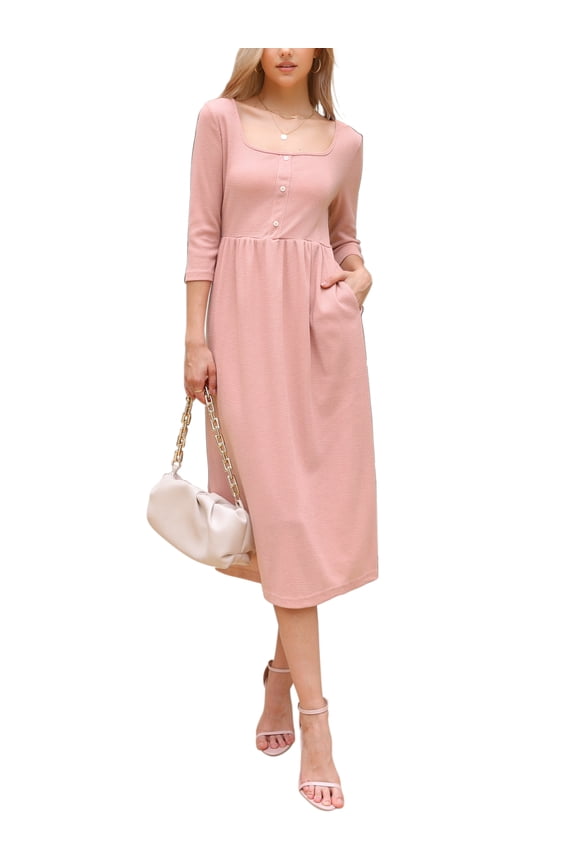 Waffle Knit Dress for Women 3/4 Sleeves Square Neck Midi Dress XS Pink