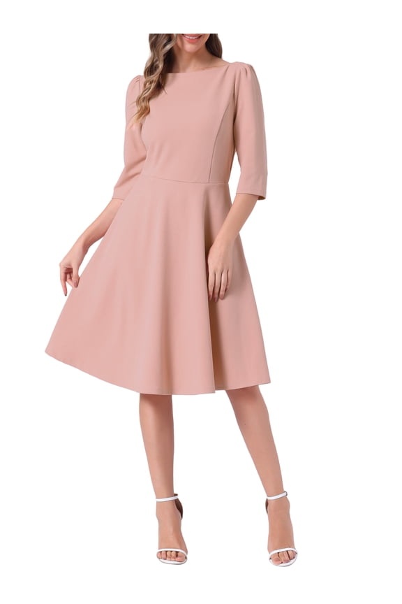 Wear to Work Dress for Women's Boat Neck Short Sleeves Midi Flared Office Dresses XS Pink