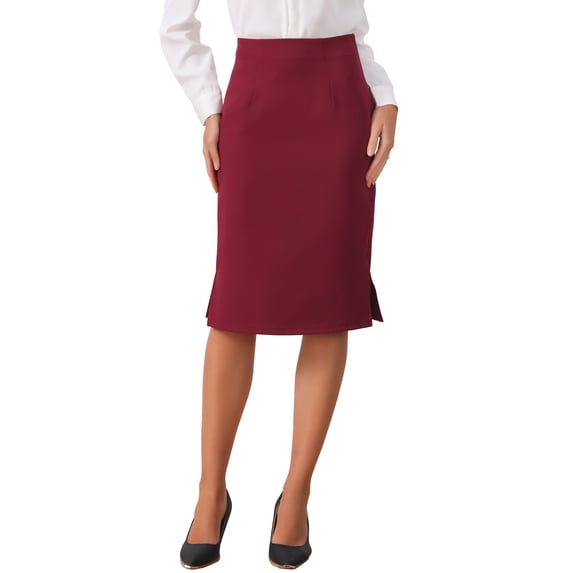 INSPIRE CHIC Women's Pencil Skirt High Waist Split Hem Invisible Zipper Work Skirt M Burgundy