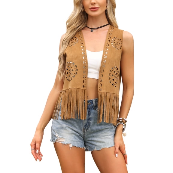INSPIRE CHIC Western Outfit for Women Faux Suede Tassel 70s Sleeveless Jacket Cowgirl Fringe Vest M Brown