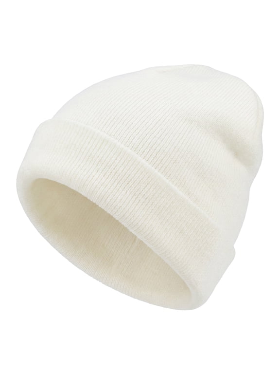 Winter Beanie, Cuff Soft Warm Stretchy Knit Hat, Ski Stocking Cuffed Cap for Sport Travel One Size White